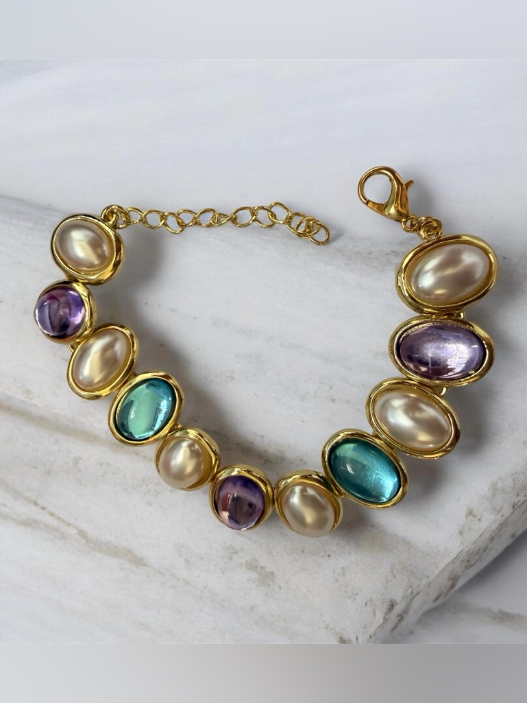 Adina Eden-Bracelet With Pearls Teal Lavender Cabochons 85$
